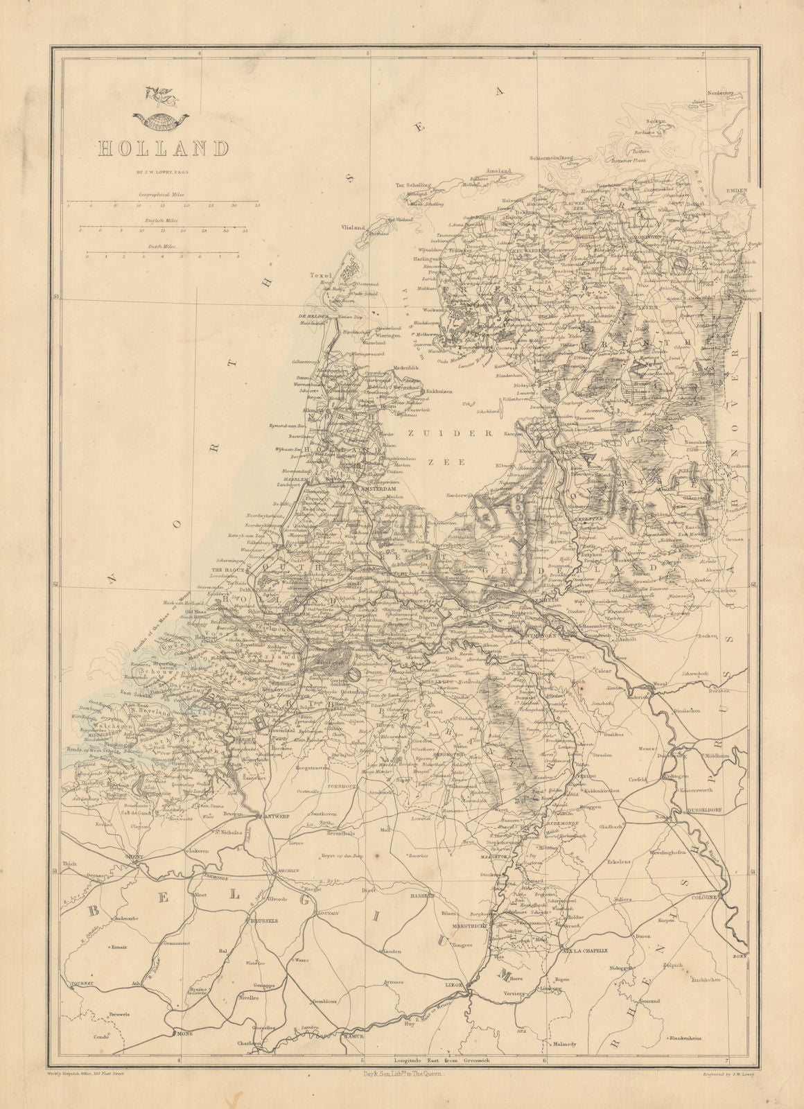 'Holland'. Netherlands in provinces. JW LOWRY for the Dispatch atlas 1863 map